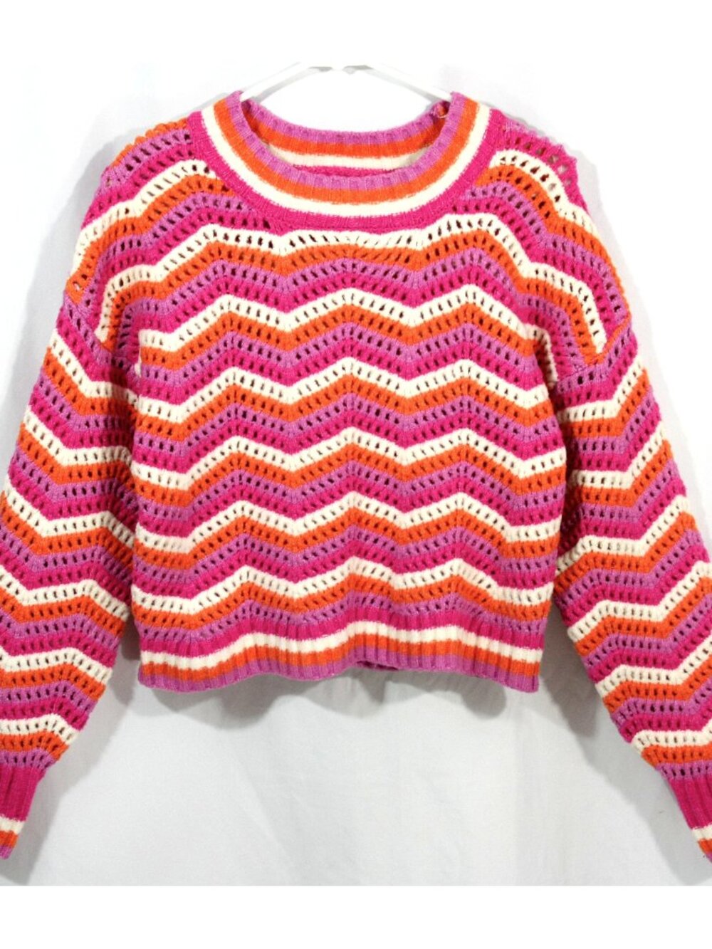 Hippie Rose Pink and Orange Zig Zag Stripe Chunky Knit Cropped Sweater M Whimsy